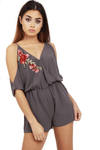 V Neck Cold Shoulder Floral Embroidered Cami Playsuit