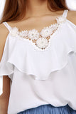 V Neck Floral Embellished Pearl Cami Cold Shoulder Top