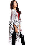 White & Burgundy Tartan Check Blanket Cape with Tassels