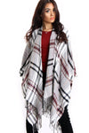 White & Burgundy Tartan Check Blanket Cape with Tassels