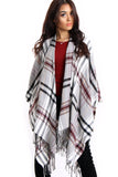 White & Burgundy Tartan Check Blanket Cape with Tassels