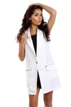 White Longline Sleeveless Jacket Waistcoat with Zip Pocket