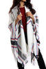 White with Blue / Red Grid Lines Tartan Check Blanket Cape with Tassels