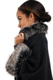 Wooly Faux Fur Collar Knitted Cape Buckle Poncho with Fur Cuffs