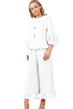 Ribbed Knit Puffer Sleeve Jumper and Wide Leg Ruffle Culotte Trouser Co-Ord Set