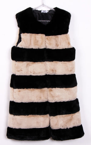 Longline Duo Colours Stripe Ultra Soft Faux Fur Leather Panelled Gilet