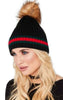 Green Red Stripe Faux Fur Pom Pom Knitted Beanie Hat