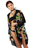 Black Tropical Floral Print Longline Kimono With Lace Trim And Side Splits