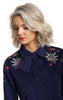 Felt Bow Collar Button Up Floral Embroidered Blouse Shirt