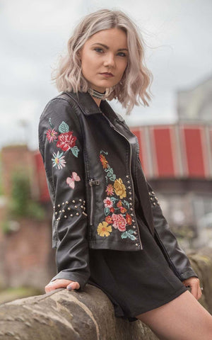 Black leather jacket with embroidered flowers deals