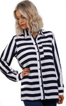 Long Sleeves Stripe Shirt Blouse With Front Pocket