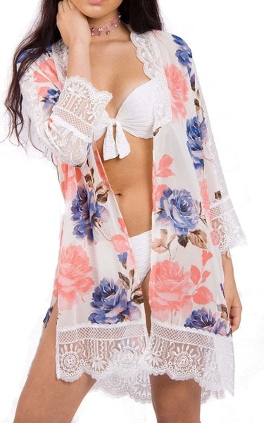 Rose Print Longline Kimono With Lace Trim And Side Split